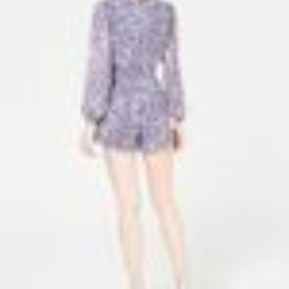 Purple Printed Long Sleeve V Neck Wrap Romper - Picture 2 of 2